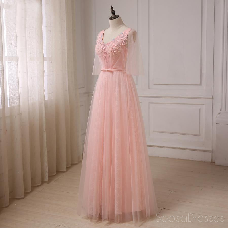 Peach Tulle Beaded Short Sleeve Long Evening Prom Dresses, Popular Cheap Long 2018 Party Prom Dresses, 17245