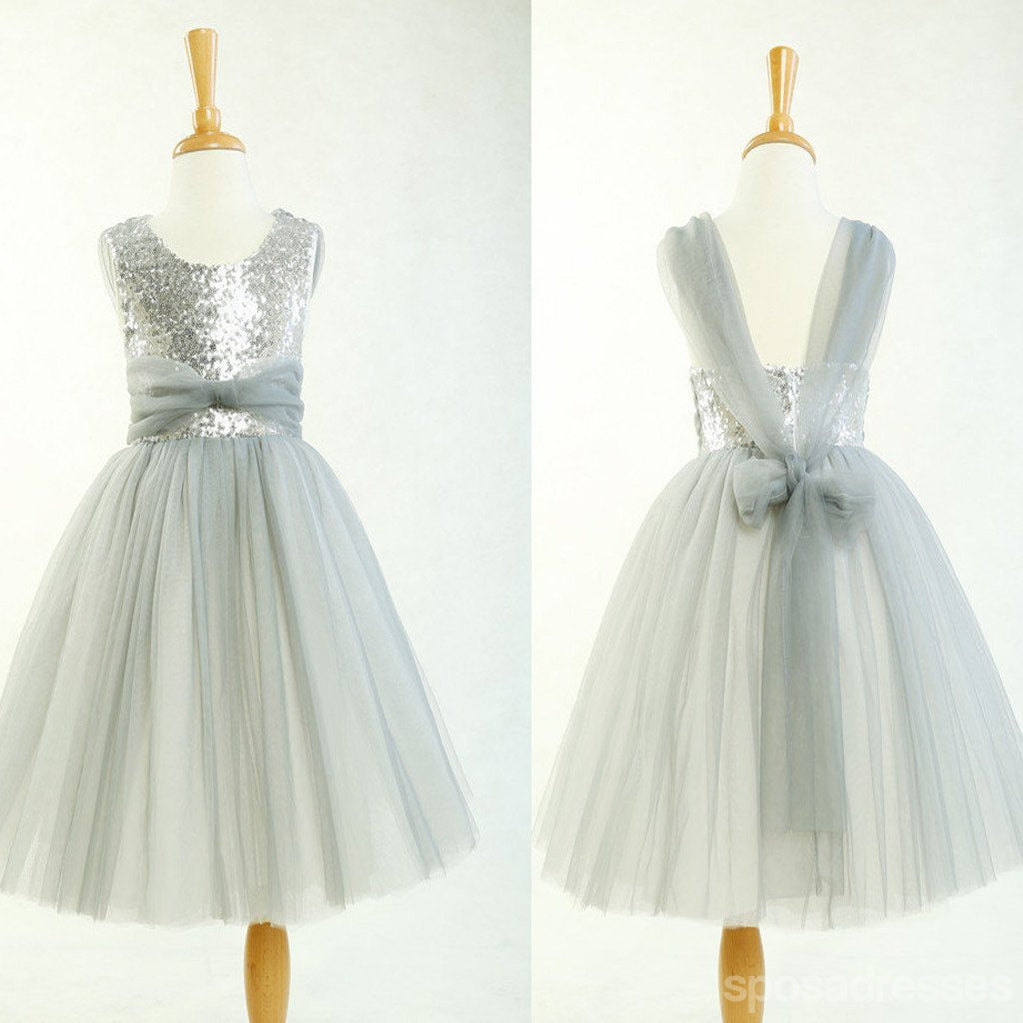 Rundhalsausschnitt Silber Pailletten Tüll Hübsche kleine Mädchen Kleider für Hochzeitsfeier, Blumen Mädchen Kleider, FG003