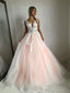 V Neck Lace Peach Tulle A-line Long Evening Prom Dresses, Cheap Sweet 16 Dresses, 18429